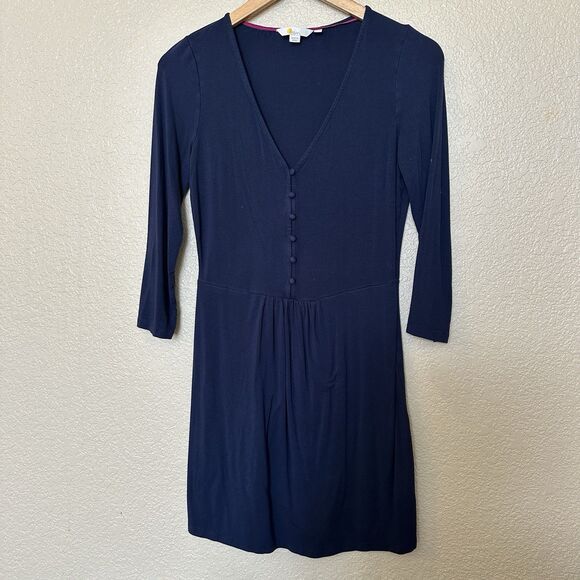 Boden Sabina Jersey Knit Navy Blue Stretch V-Neck Dress 2R US Buttons - Picture 1 of 4